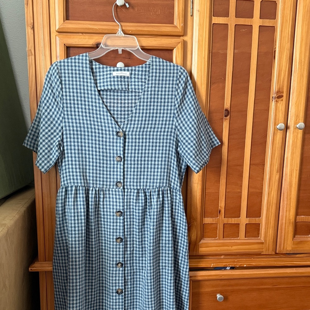 Blue Gingham Button-Front Midi Dress